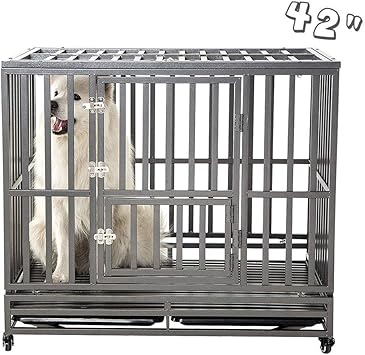 Smonter Heavy Duty Dog Crate Strong Metal Pet Kennel Playpen With Two Prevent Escape Lock Large Dogs Cage With Wheels