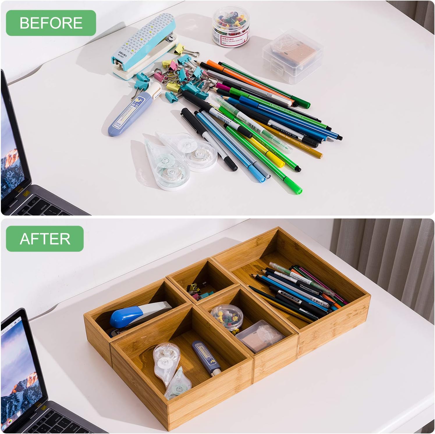 5 Piece Bamboo Drawer Organizer Set, Luxury Wooden Desk Storage Box Kit, Multi-use Junk Drawer Organizer for Office, Kitchen, Bedroom, Children Room, Craft, Sewing : Office Products
