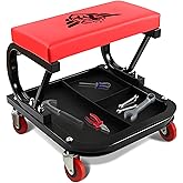 BullsArmor Rolling Mechanic Seat - Heavy-Duty Garage Shop Seat - 300 LBS Capacity - Padded Mechanic Stool with Tool Tray Stor