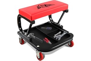 BullsArmor Rolling Mechanic Seat - Heavy-Duty Garage Shop Seat - 300 LBS Capacity - Padded Mechanic Stool with Tool Tray Storage - Durable Tubular Steel Frame - Red
