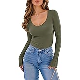 Cicy Bell Womens Long Sleeve Pleated T Shirts Going Out Scoop Neck Slim Fit Tops Casual Trendy Tight Basic Tees