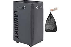 DOKEHOM 29-Inches X-Large Laundry Basket with Removable Wash Bag on Wheels, Collapsible Rolling Laundry Hamper, Foldable Clothes Organizer, Folding Washing Bin (Dark Grey)