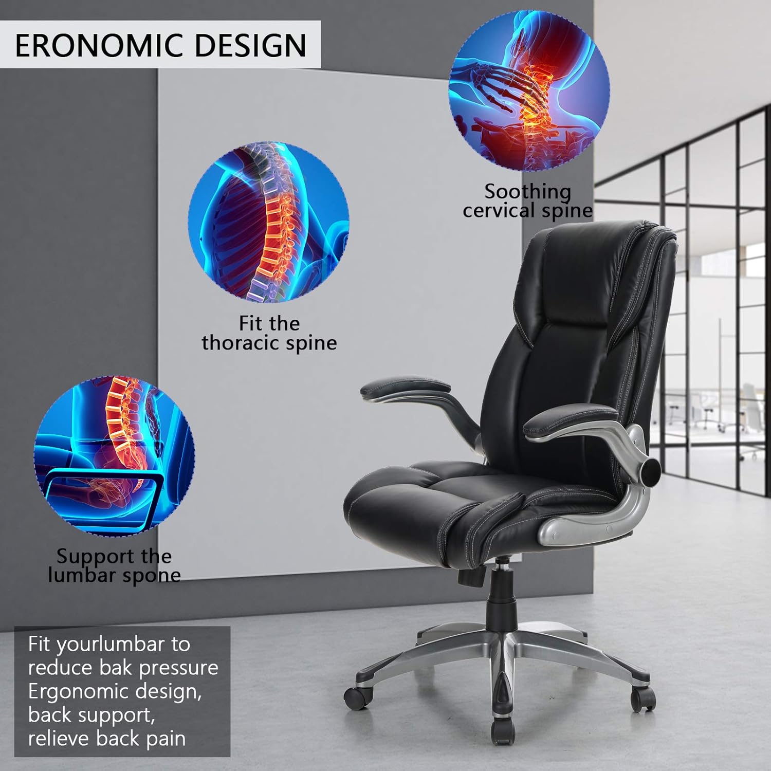 ALPHA HOME High Back Executive Chair Ergonomic Office Chair Managerial Computer Desk Chair Flip Up Armrest Big Tall Adjustable Height PU Leather Task Chair Rolling Swivel Chair-Capacity 400LBS: Kitchen & Dining