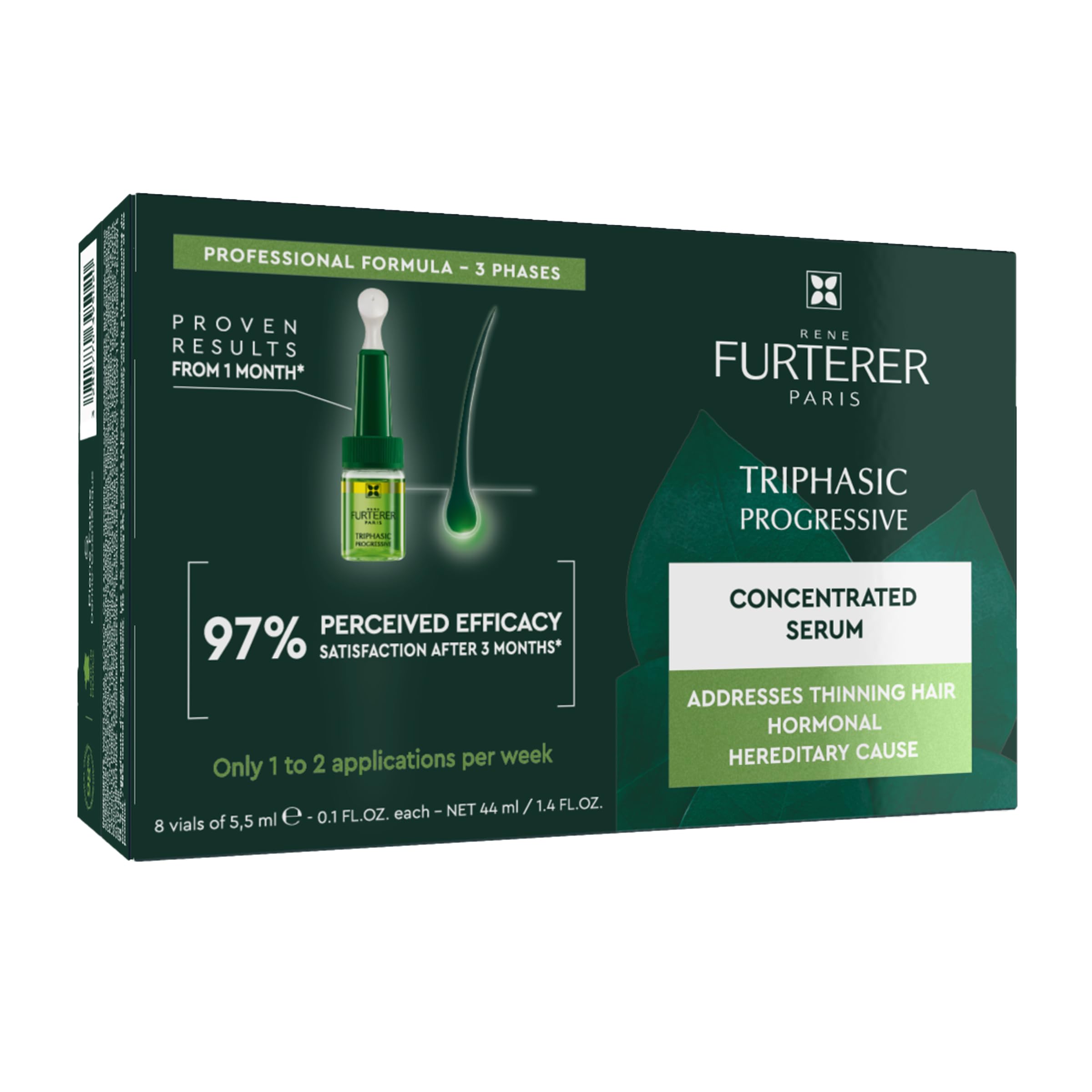 Rene Furterer Triphasic Progressive Concentrated Serum for Hereditary, Hormonal Thinning Hair – Drug-Free – Receding Hairline – Leave-In – Sulfate, Paraben, Silicone-Free – 8 ct., 30-Day Supply