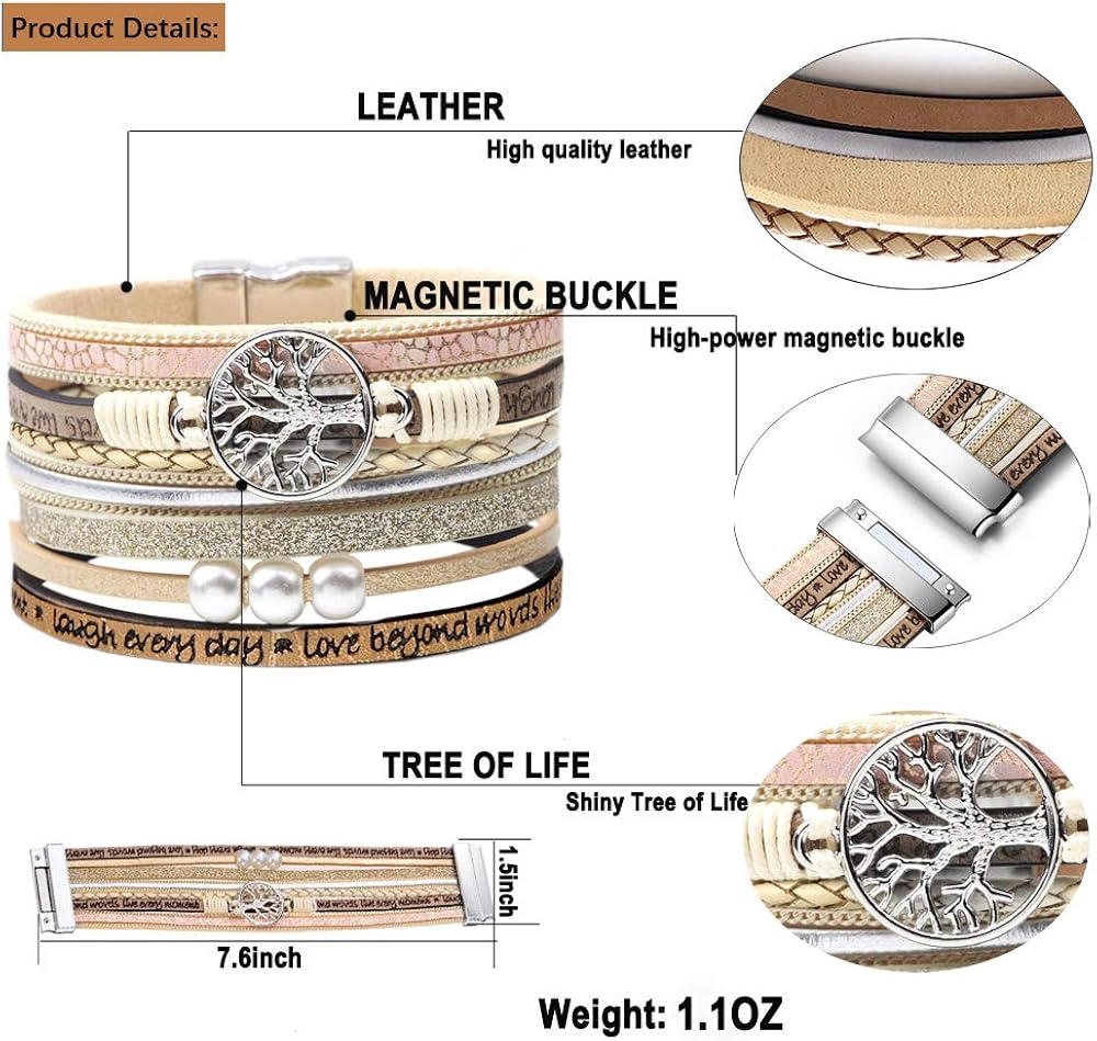 Inspirational Bracelets for Women Wrap Around Boho Buckle Stacking Multilayer Leather Wide Magnetic Layered Bracelet Tree of Life Christmas Gifts Jewelry for Women Mom Teen Girls Grandma: Clothing