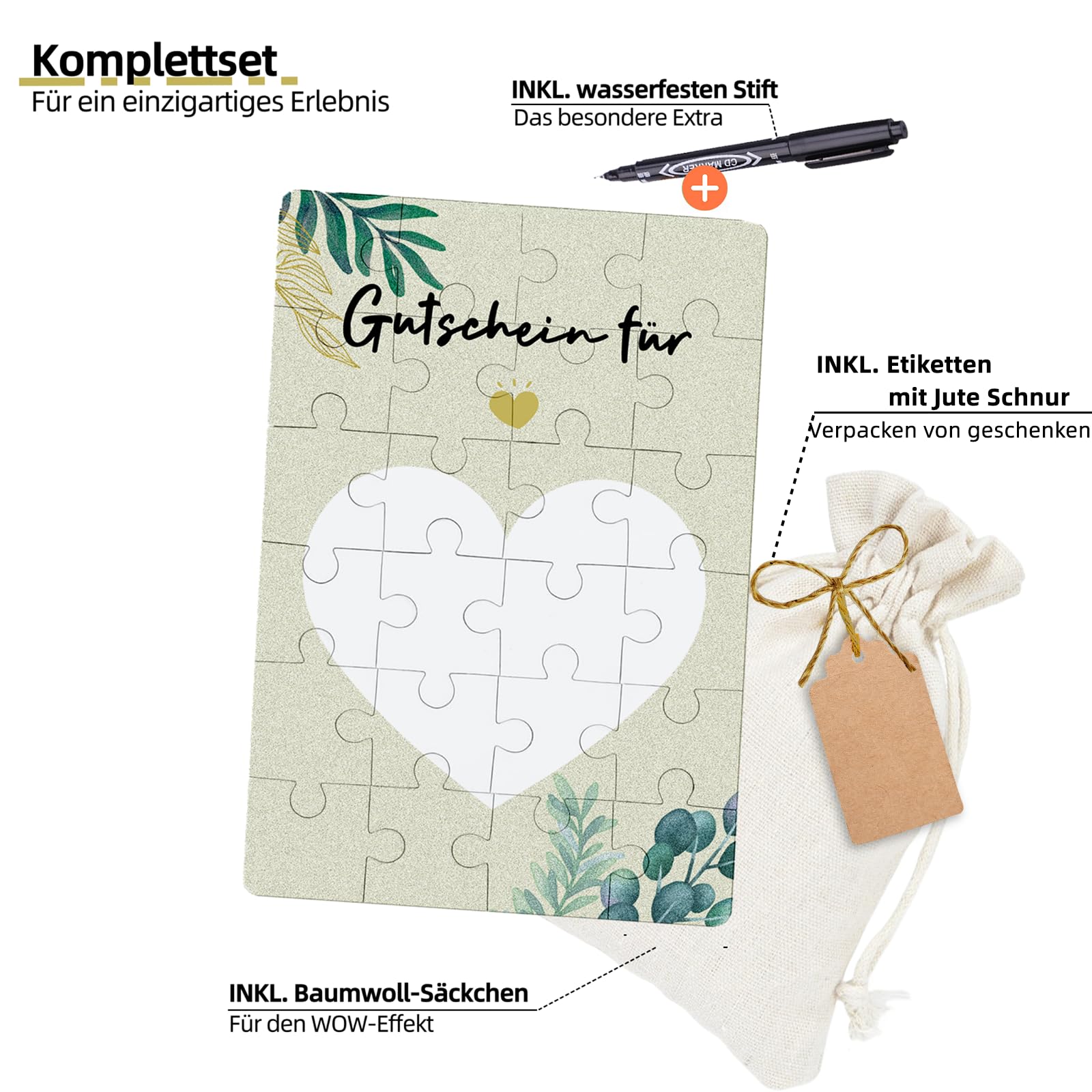 KCatsy Gutschein Puzzle Geburtstagskarte - Gutscheine zum selber ausfüllen Gutschein Geburtstag - Gutschein Verpackung Personalisierte Geschenke Idee mit Baumwollsäckchen Stift Geschenkanhänger 4