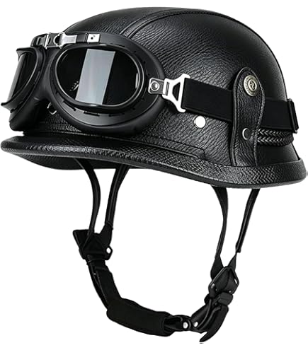 Motorcycle German Leather Half Face Helmet,100% DOT /ECE Approved Cap Half Shell Helmet+Goggles Retro Open-Face Helmet with Adjustable Quick Release Buckle for Cruiser : Automotive