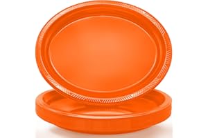 BONSINY 50 Count Fall Plates Disposable 10" x 12" - Oval Orange Plastic Plates for Birthday Picnic Fall Halloween Thanksgivng Party