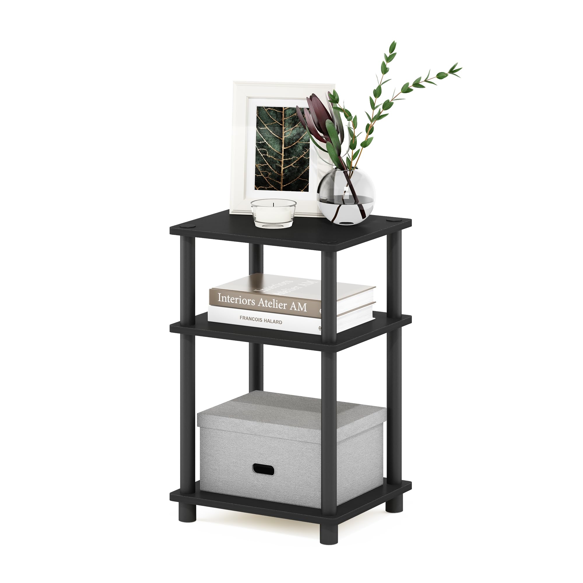 Furinno JUST Side Table, 3-Tier End Table, Open Shelves Night Stand, Bedside Table, Toolless Assembly, for Living Room, Bedroom, Americano