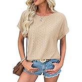 ATHMILE Women's Tunics Loose Fit Dressy Blouses Summer Short Sleeve Tops with Curved Hem Beach Vacation Clothes for Women