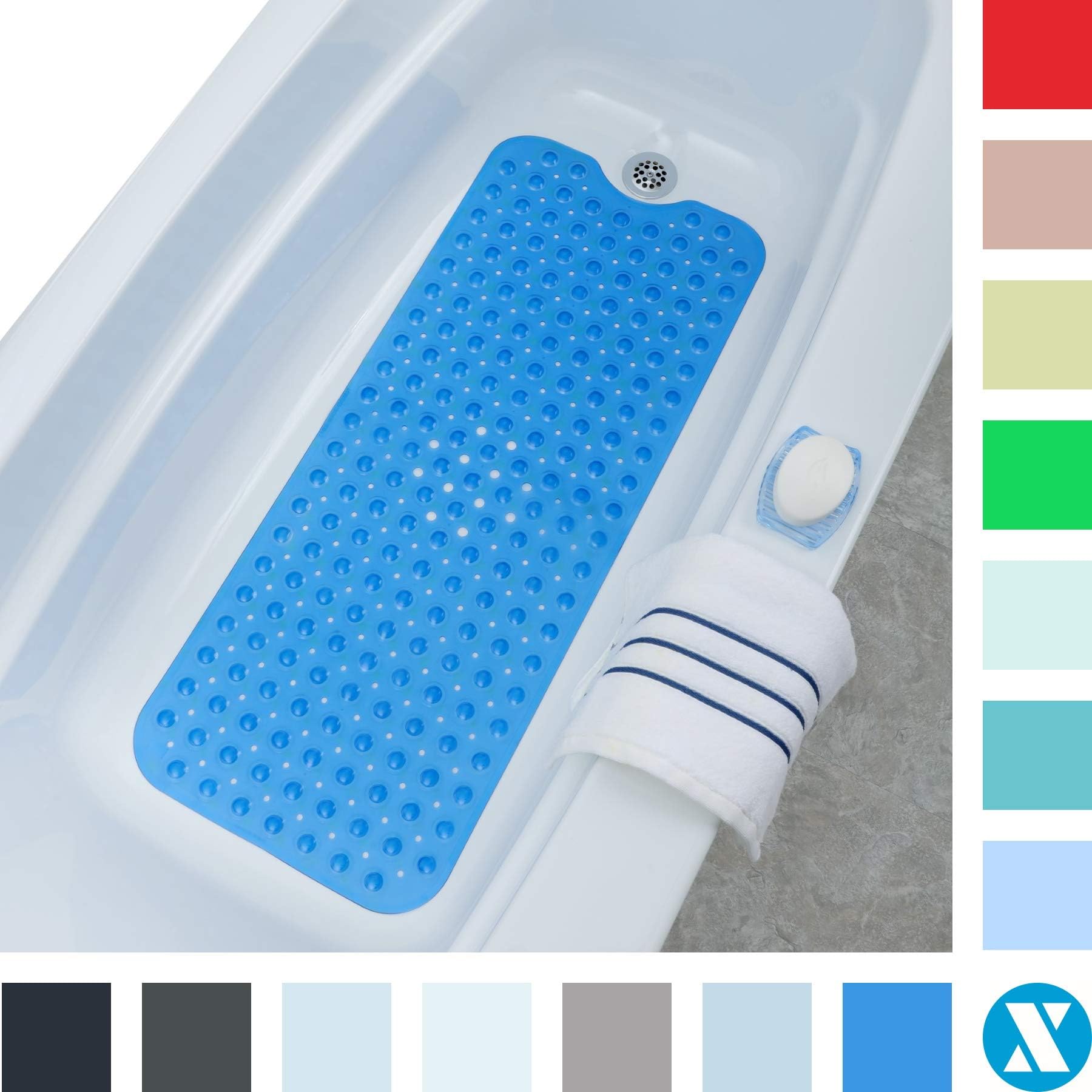 SlipX Solutions Blue Extra Long Bath Tub Mat Adds Non-Slip Traction to Tubs & Showers - 30% Longer Than Standard Mats! (200 Suction Cups, 99 cm Long Bathtub Mat)