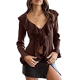Goranbon Womens V Neck Sexy Sweaters Ruffle Long Sleeve Wrap Loose Sweater Fashion Drawstring Jumper