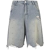 Women Rhinestone Baggy Shorts Mens Wide Leg Denim Jorts Vintage Jean Shorts Hip Hop Loose Fit Jorts Streetwear