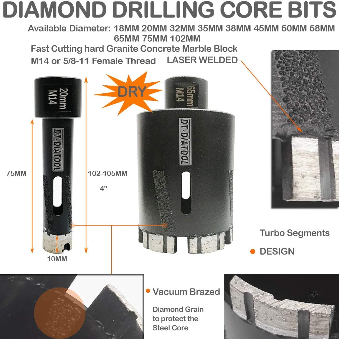 DT-DIATOOL Diamond Drill Bit 38mm Laser Welded Hole Saw for Hard Granite Marble Stone Concrete, Black - Image 3
