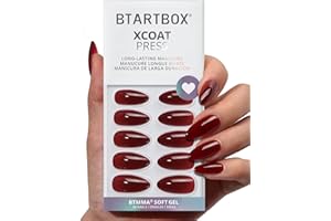 BTArtbox Press On Nails Almond - Lamp-Curable Dark Red Medium Press On Nails with Glue for Women, Semi-Transparent Soft Gel Glue On Nails in 15 Sizes - 30 Stick On Nails Kit, Blackout