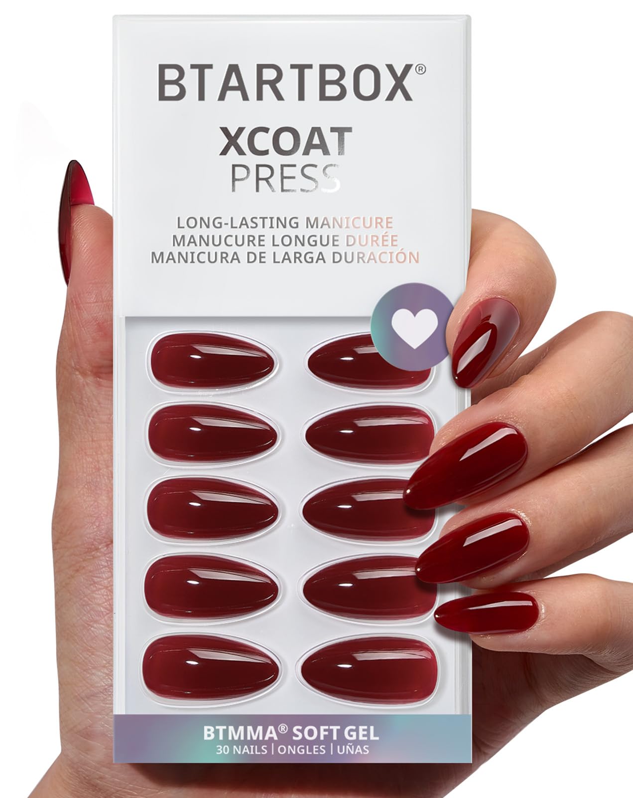 Photo 1 of BTArtbox Press On Nails Almond - Lamp-Curable Dark Red Medium Press On Nails with Glue for Women, Semi-Transparent Soft Gel Glue On Nails in 15 Sizes - 30 Stick On Nails Kit, Blackout