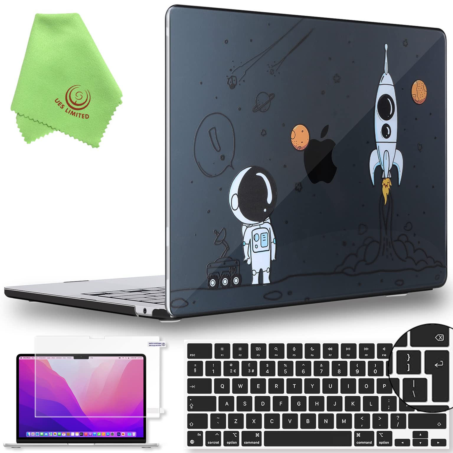 UESWILL Compatible with 2022-2026 MacBook Air 13 inch M5 M4 M3 M2 Case A3449 A3240 A3113 A2681, Hard Shell Case + UK Layout Keyboard Cover + Screen Protector Mac Air 13.6, Astronaut A