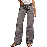 Flamingals Straight Leg Pants for Women Drawstring Waist Mid Rise Casual Solid Seam Detail Pants