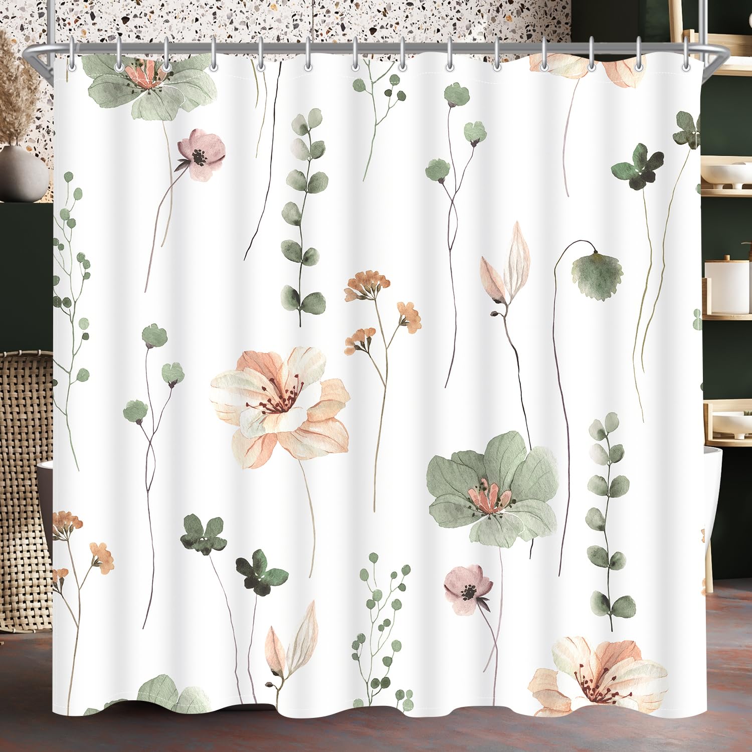 Lerores Shower Curtain, 180 x 160 cm, Sage Green Flower, Weighted Hem, Anti-Mould, Water-Repellent, Washable Polyester Bath Curtains with 12 Eyelets and Shower Curtain Rings for Bathroom, Bathtub