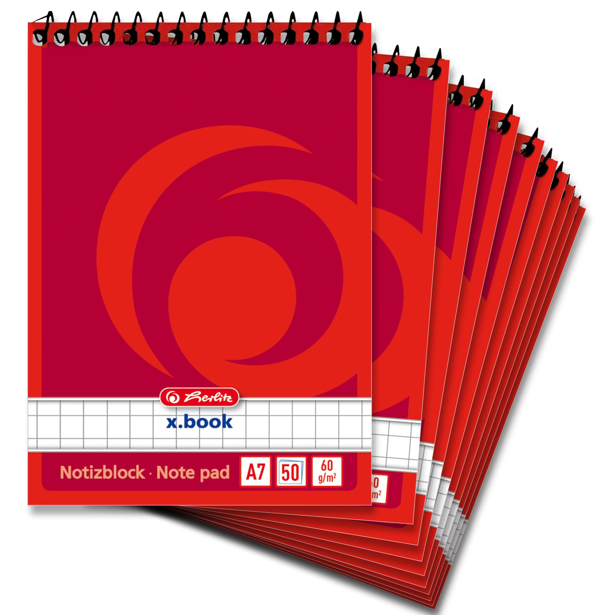 Herlitz 110510 Spiral Notebook A5, 50 Sheets, Pack of 10 Chequered A7