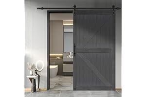 S&Z TOPHAND® 44in x 84in MDF Deep Gray British Brace Knotty Barn Door with 8FT Sliding Door Hardware Kit/Simple Assembly is Required