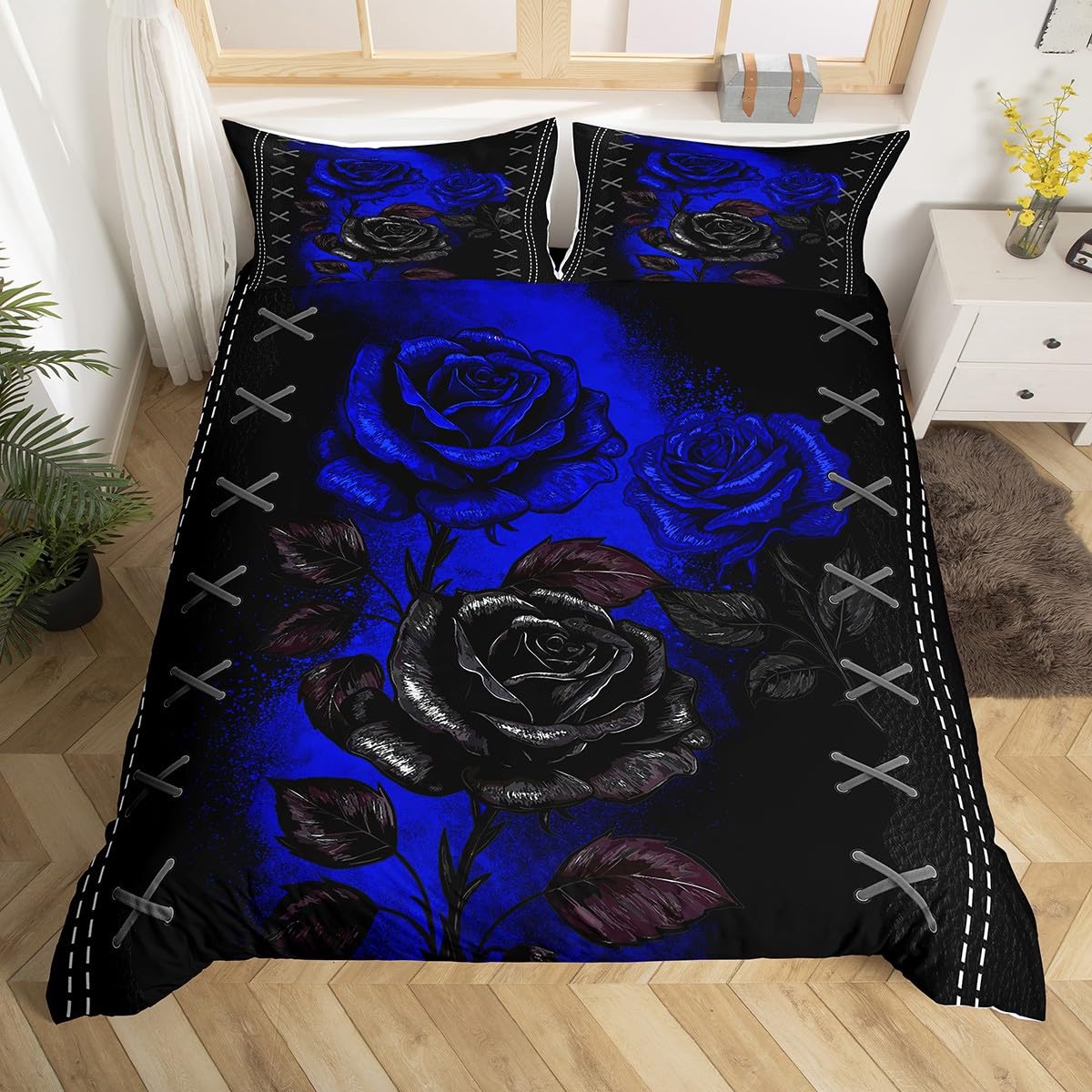 Manfei Roses Duvet Cover Set Single Size, Royal Blue and Black Flower Bedding Set 2pcs for Kids Girls Adults Room Decor, Botanical Floral Comforter Cover Soft Polyester Quilt Cover with 1 Pillowcase