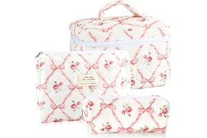 URSKYTOUS 3Pcs Cotton Quilted Makeup Bag for Women Girls Large Small Travel Floral Cosmetic Bags Set Cute Coquette Pink Makeup Pouch for Purse Aesthetic Cloth Flower Storage Toiletry Bag Organizer