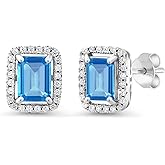 Gem Stone King Halo Earring for Women | 925 Sterling Silver | Gemstone Birthstone Earrings | Emerald Cut 8X6MM | Fine Jewelry Gifts for Her Mom Women Wife