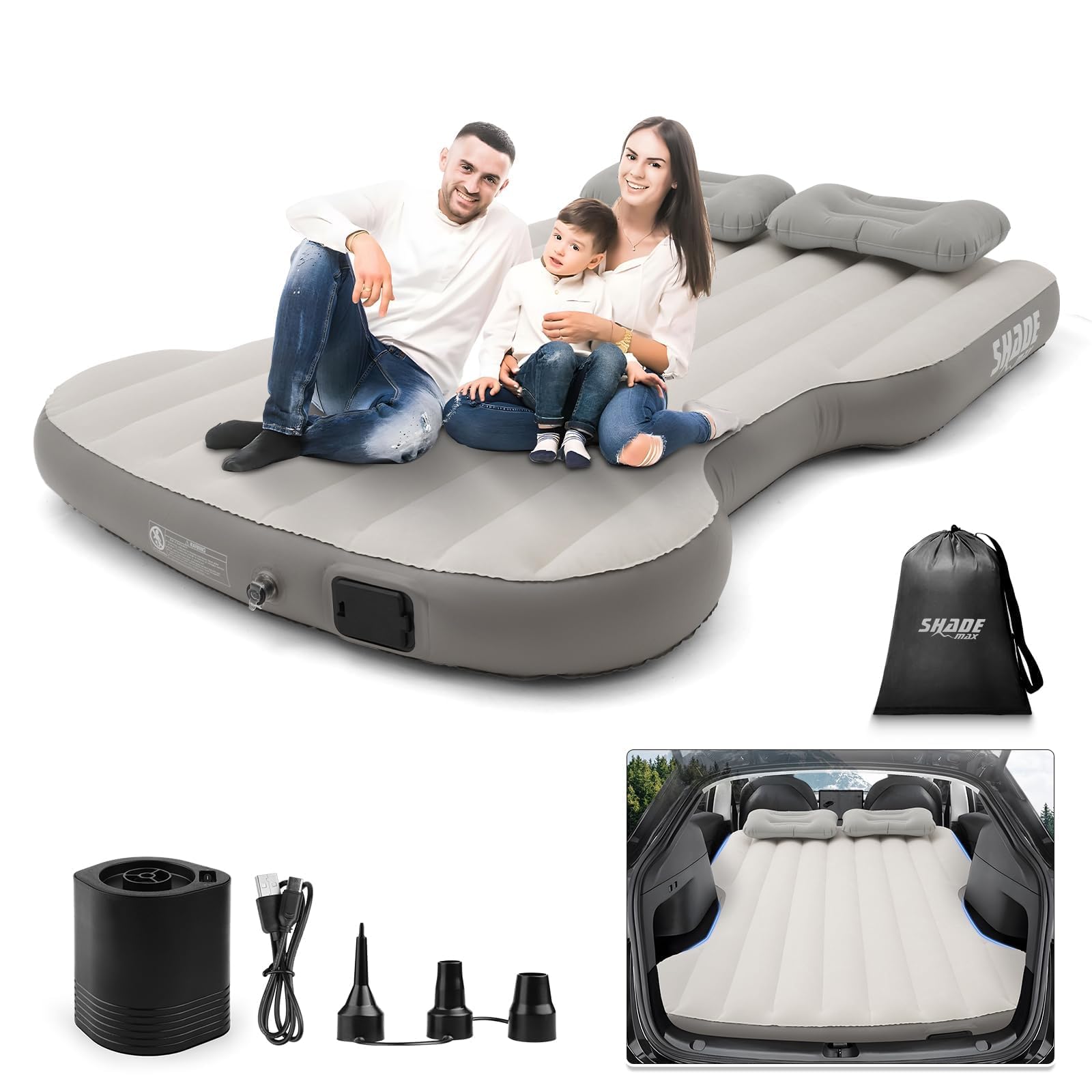 Photo 1 of Self-Inflating Car Air Mattress for Tesla Model Y 2025 2024-2020 / Model Y Juniper 2026 Accessories Outdoor Camping Air Bed with 2 Pillows Built-in Pump Air Couch Flocking Air Cushion (Beige&Gray)
