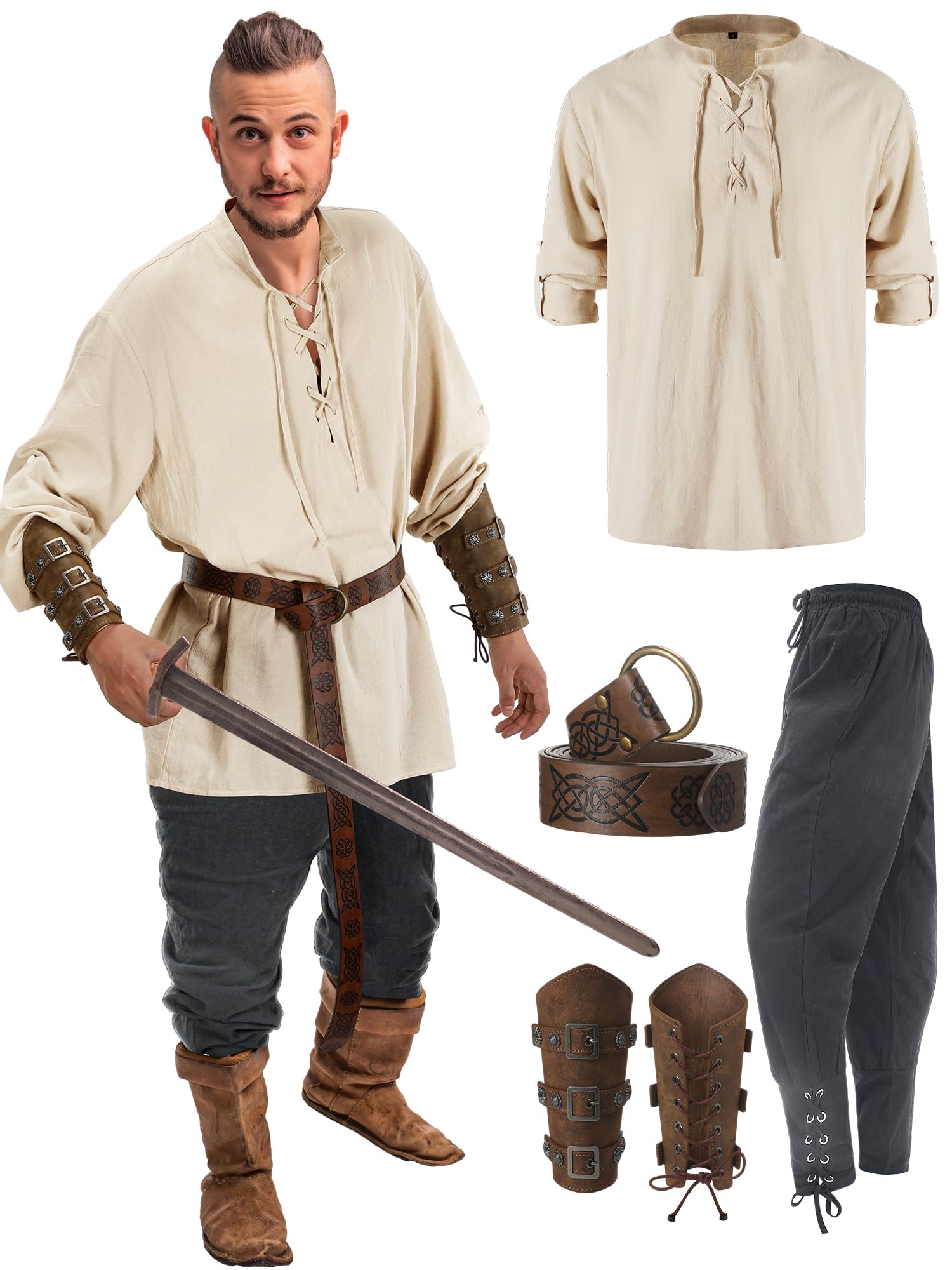 Photo 1 of Jiuguva 4 Pcs Halloween Men's Renaissance Costume Set Medieval Pirate Shirt Ankle Banded Pants Viking Belt Accessories (Chic Color,Medium)