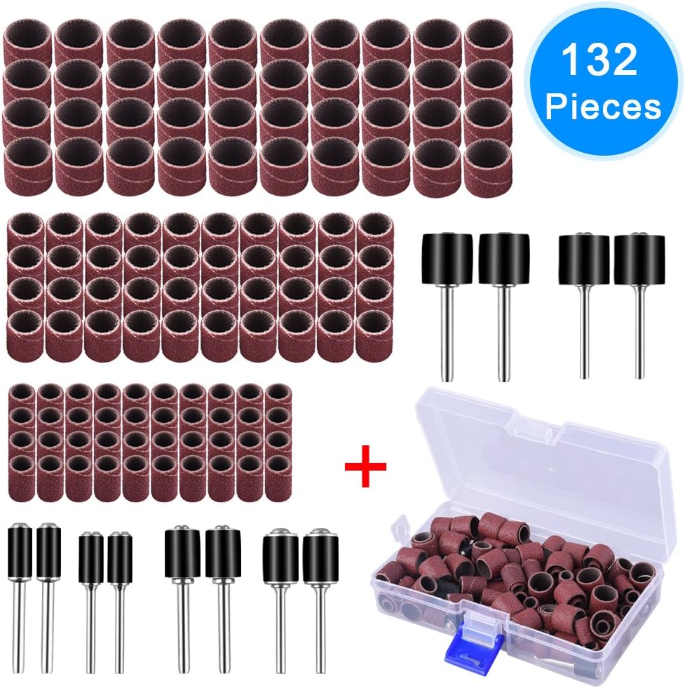 AUSTOR 132 Pieces Sanding Drum Set with Free Box Including 120 Pieces Drum Sander Sanding Sleeves and 12 Pieces Drum Mandrels for Dremel Rotary Tool