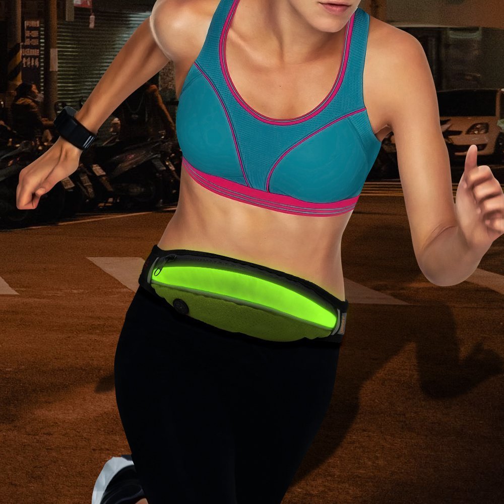 BSeen (TM) Waist Bag with LED Lights- USB Rechargeable Fanny Pack Neon with Earphone Hole, Adjustable for Runner, Women and Men-Holds iPhone 6/6s & Similar Smartphones (Green/Green)