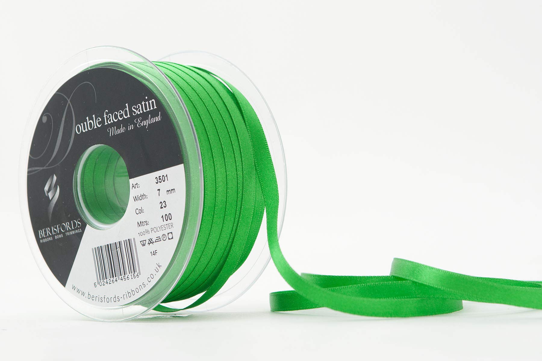 Berisfords Double Faced Satin Ribbon, Emerald, 7 mm Width, 100 metre Length