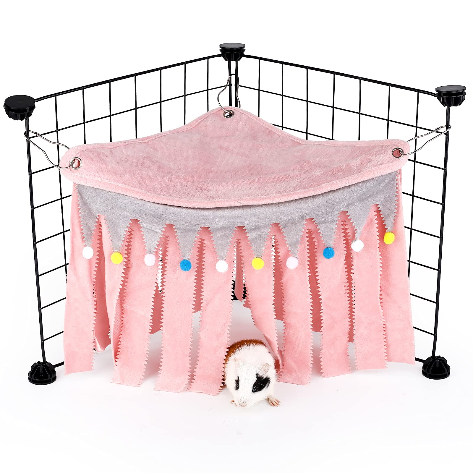 ONEJU Guinea Pig Hideout - Guinea Pig Corner Hideout, Three-sided Fringes, Triangle Top and Washable Hides, Suitable Hides for Rabbit and other Small Pets, No Metal Fences, Pink