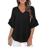 VALOLIA Womens Blouses 3/4 Sleeve Dressy Tops Business Casual Double Layers Shirts
