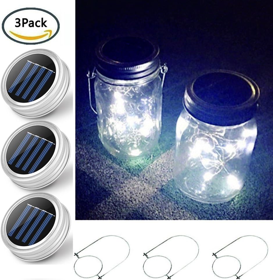 3 Pack Solar Mason Jar Light lid and Handles-10 LED Hanging Solar Outdoor Lanterns Decor for Garden Chrismas Wedding Patio Yard Garden Halloween Decor (Jars Not Included)