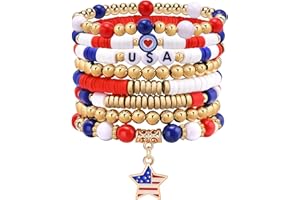 HISATAN 4th of July Outfits for Women, 8 Pcs Patriotic Fourth of July Decorations Accessories Red White and Blue Bracelets, USA American Flag Memorial Day Independence Day Party Favors Jewelry for Women
