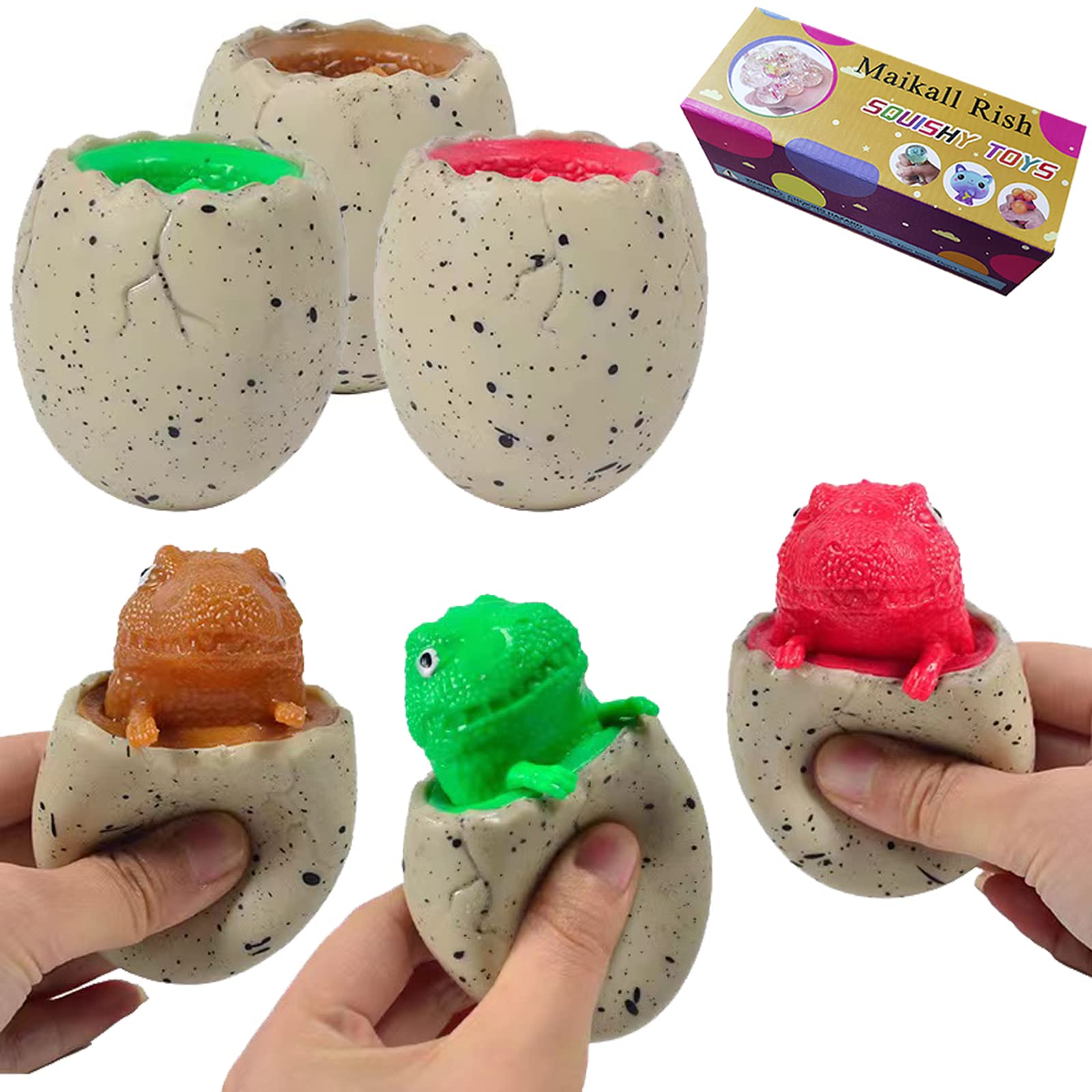 Photo 1 of Maikall Rish Funny Dinosaur Toy 3Pcs Colorful Evil Dinosaur Pop Out Eggs Cute Sensory Squeeze Fidget Toys for Adults Kids Stress Relief (Boxed)