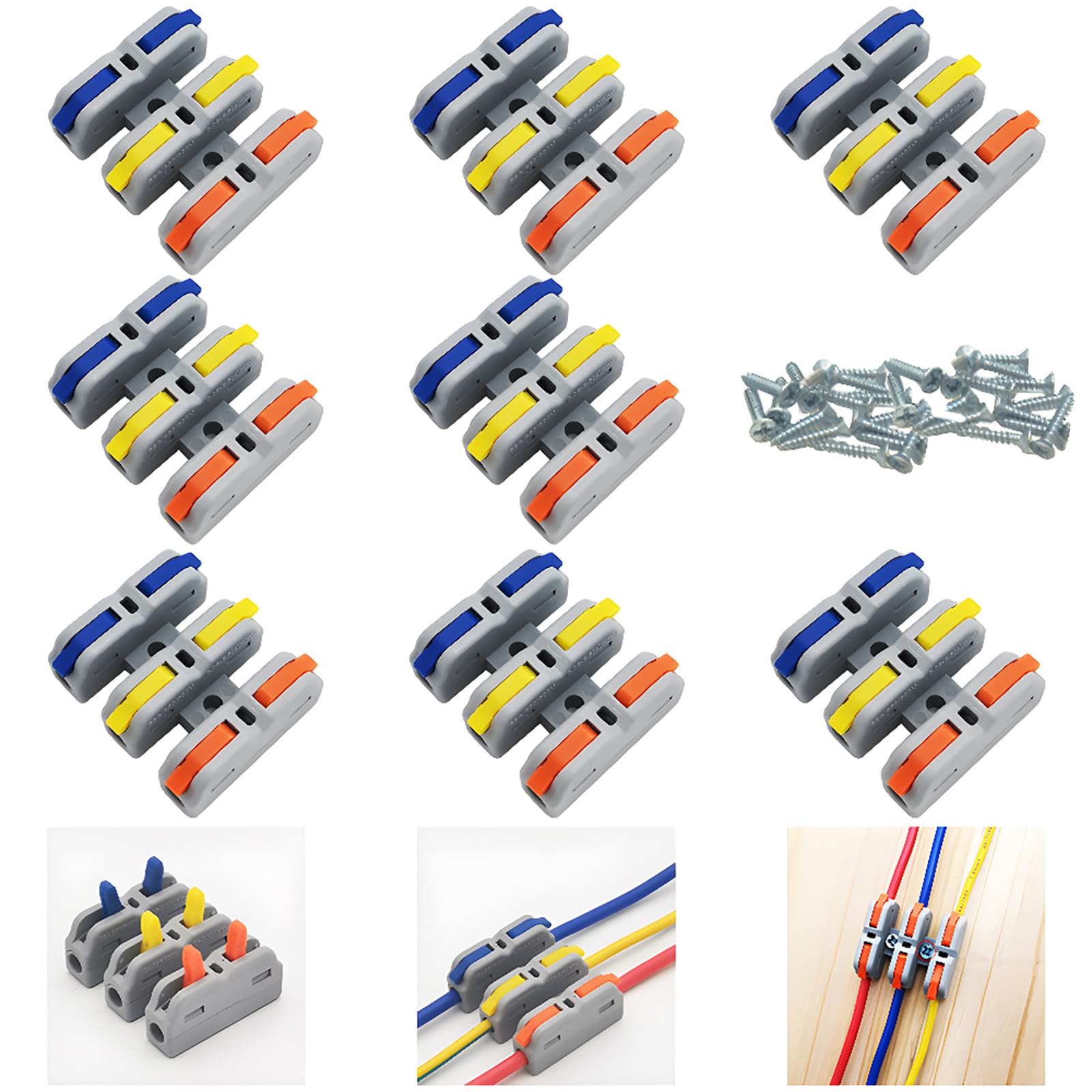 CESFONJER Electrical Connectors, 8 Pcs Mini Wire Connectors, SCH-3 Multicolor Lever Quick Cable Clamp Terminal Block Spring Electrical Wire Cable Connectors With Mounting Screws