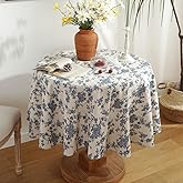 Bringsine Cotton Linen Vintage Round Tablecloth Pastoral Rustic Table Cloth Washable Cover for Indoor&Outdoor,Farmhouse Decor,Picnic,Tabletop Decoration (Blue Floral, 60")