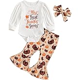 Doqcey Newborn Baby Girl Thanksgiving Outfit Long Sleeve Romper Turkey Bell Bottom Pants Headband Set Fall Winter Clothes