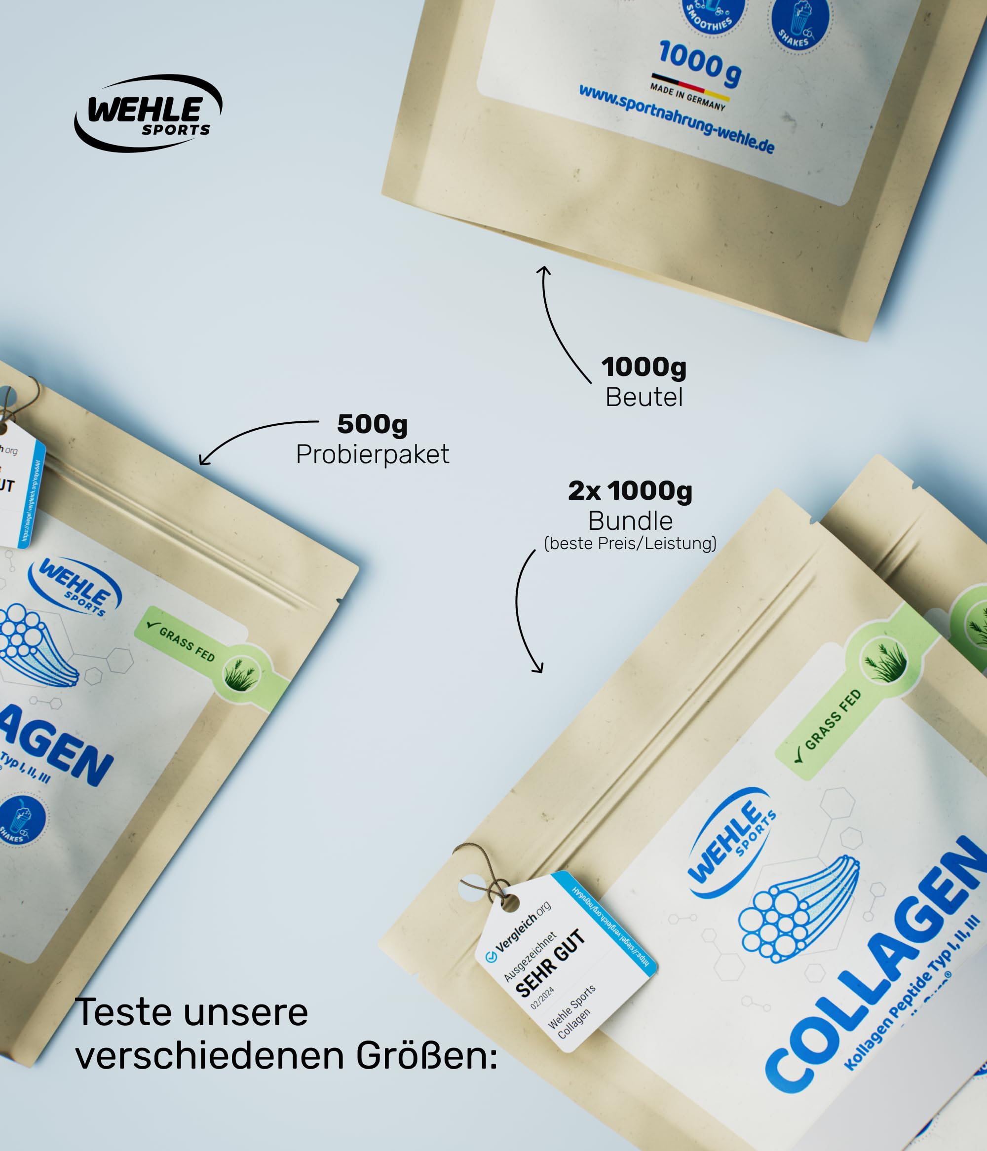 Collagen Pulver 1 kg – Kollagenhydrolysat Peptide Typ I, II & III – Geschmacksneutrales Eiweißpulver – Made in Germany – Wehle Sports (1000g (1er Pack)) - Verpackung kann variieren.