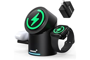 ZEEHOO 3 in 1 Charging Station for Apple Devices, Mag-Safe Charger Stand, Qi2 15W Auto-Rotating Wireless Charger for iPhone 17 16/15/14/13/12 Series& AirPods& iWatch(Black)
