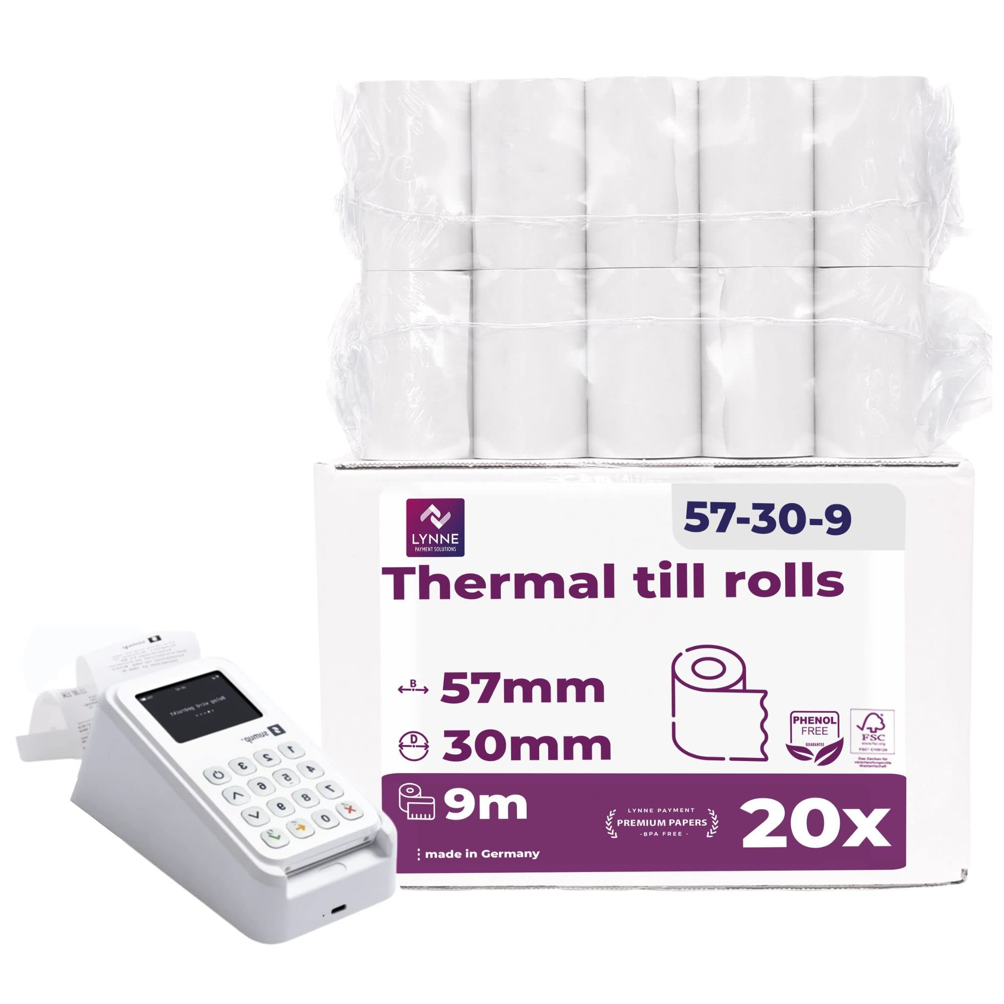 Lynne - Premium Till Rolls 57x30 Thermal [20x] - Card Machine Paper Rolls - Thermal Printer Paper PDQ Rolls - Thermal Paper for Receipt - 57mm x 30mm x 9m - BPA Free