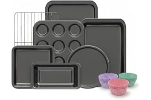 KITESSENSU Baking Pans Sets, Nonstick Bakeware Set 7-Piece with Round/Square Cake Pan, Loaf Pan, Muffin Pan, Cookie Sheet, Ro