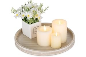 Hanobe Candle Plate Holder Tray: Whitewash Round Wood Candle Plate Decorative Centerpiece Small Tealight Pillar Trays for Living Room Dining Coffee Table Home Decor