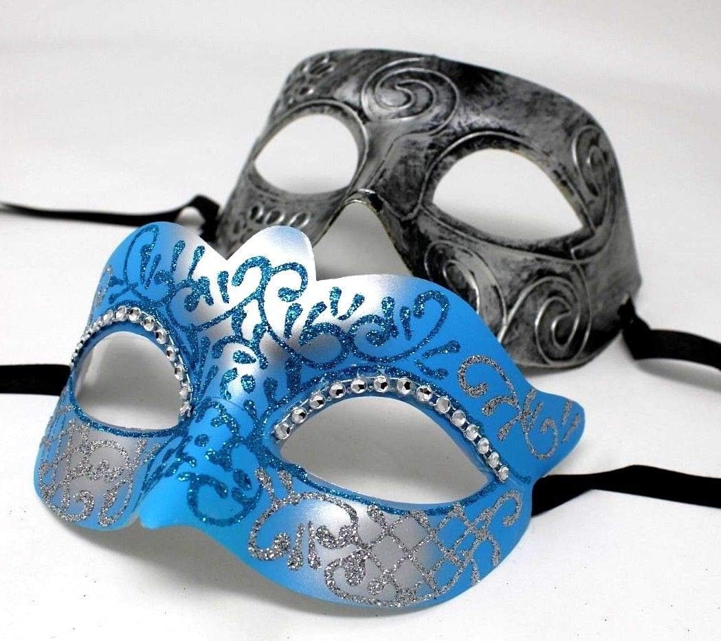 HIS N HERS PAIR OF CO-ORDINATED SILVER & TURQUOISE COUPLES VENETIAN MASQUERADE CARNIVAL PARTY BALL EYE MASKS - Image 3