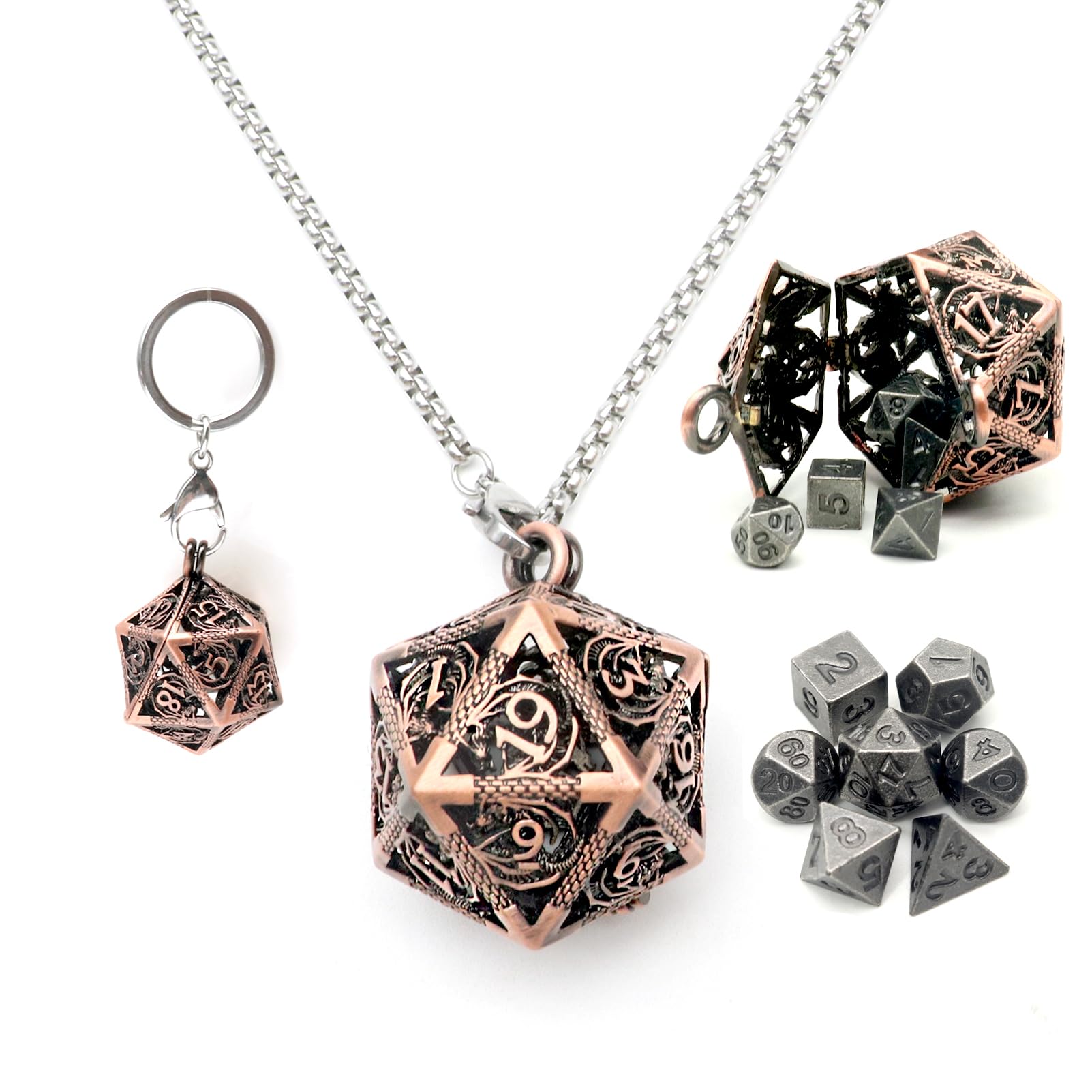 Haxtec Mini Metal DND Dice Set With Copper Hollow D20 Necklace Dice Case Antique Tiny Metal Dice Set D&D Keychain Portable 7PCS Dice Set — image 1