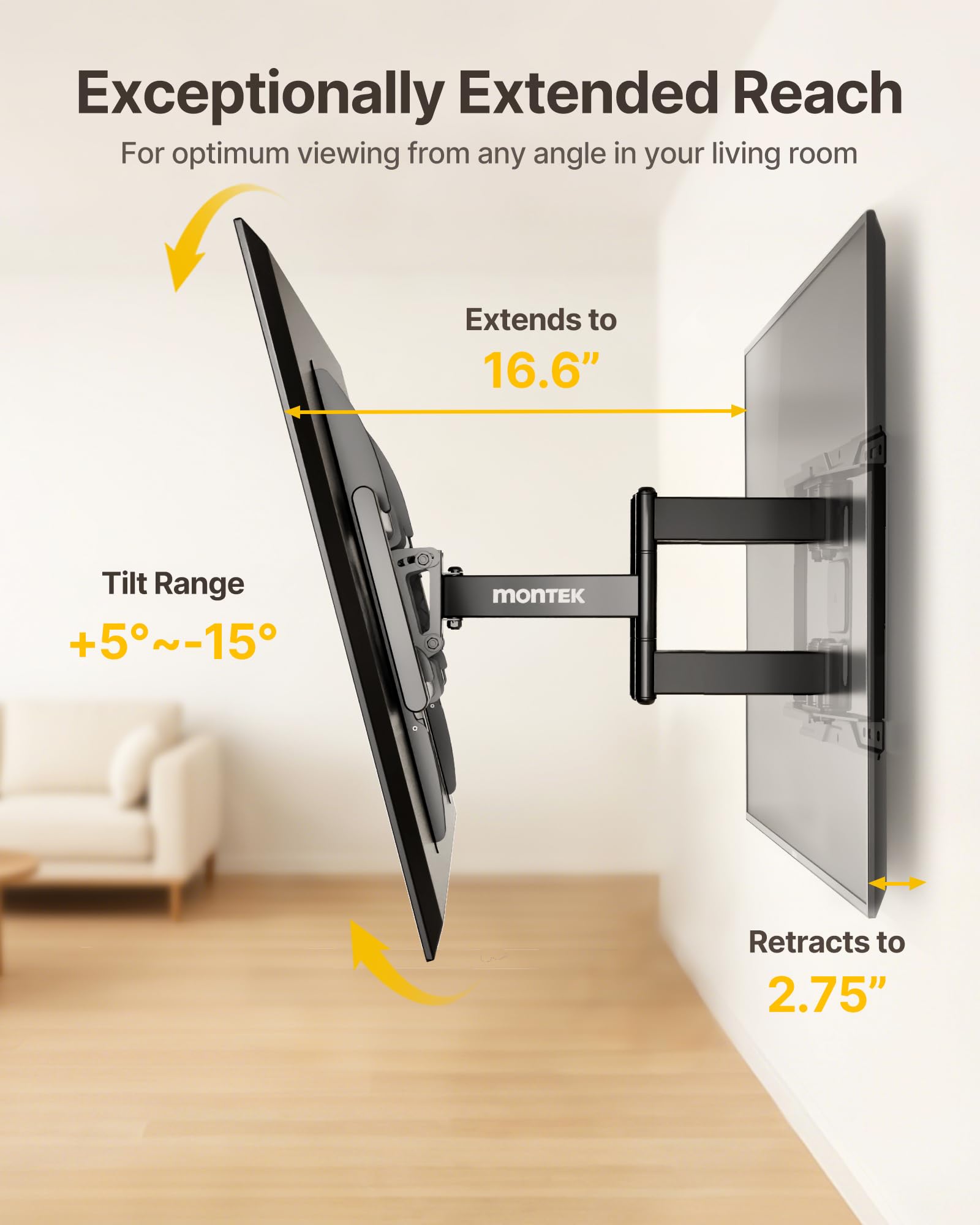 monTEK Heavy Duty TV Wall Mount for 37-90 inch TV up to 165lbs, 4X Load Tested, Full Motion with Dual Articulating Arms, Tool-Free Tilt, Swivel & Extend, VESA 200x100 to 600x400, Fits 12“/16