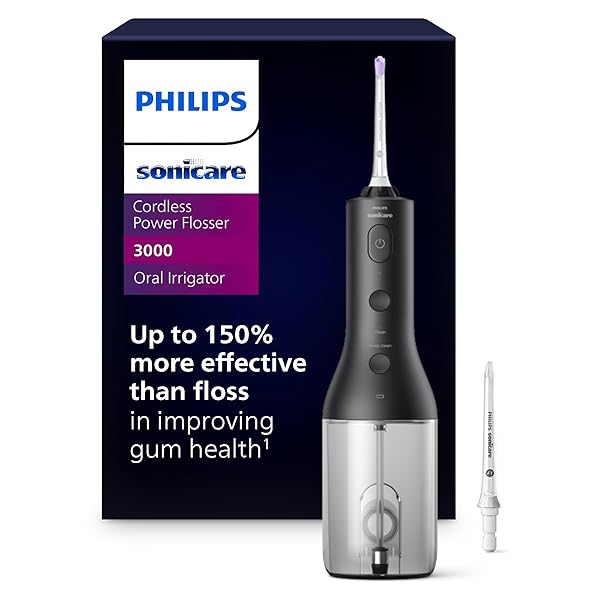 PHILIPS SONICARE CORDLESS POWER FLOSSER 3000 – WATER FLOSSER WITH INNOVATIVE QUAD STREAM TECHNOLOGY, ORAL IRRIGATOR WITH 2 FLOSSING MODES AND 3 PRESSURE LEVELS, IPX7 WATERPROOF, BLACK, HX3826/23